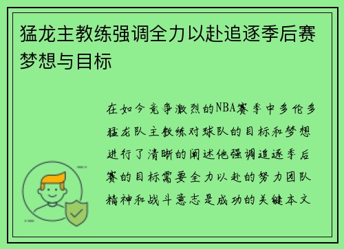 猛龙主教练强调全力以赴追逐季后赛梦想与目标
