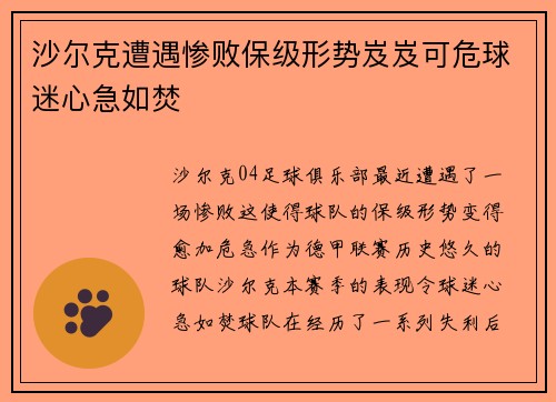 沙尔克遭遇惨败保级形势岌岌可危球迷心急如焚