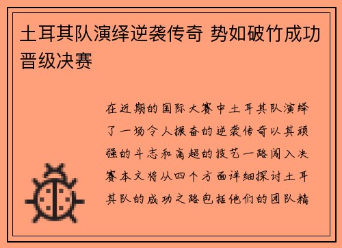 土耳其队演绎逆袭传奇 势如破竹成功晋级决赛