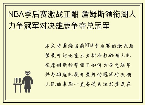 NBA季后赛激战正酣 詹姆斯领衔湖人力争冠军对决雄鹿争夺总冠军