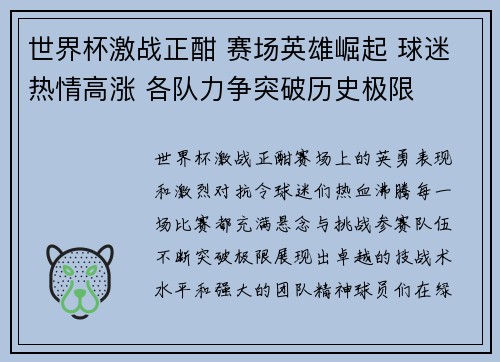 世界杯激战正酣 赛场英雄崛起 球迷热情高涨 各队力争突破历史极限